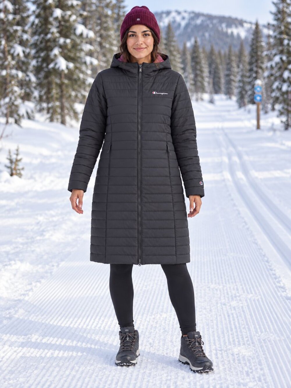 Champion Women's Long Quilted Hooded Puffer Coat Black Size L